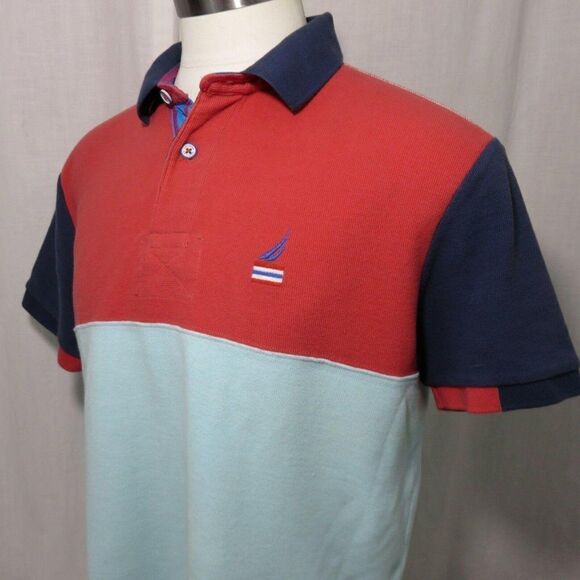 Nautica Red Navy Blue Aqua Color Block Polo Shirt L - Picture 7 of 11